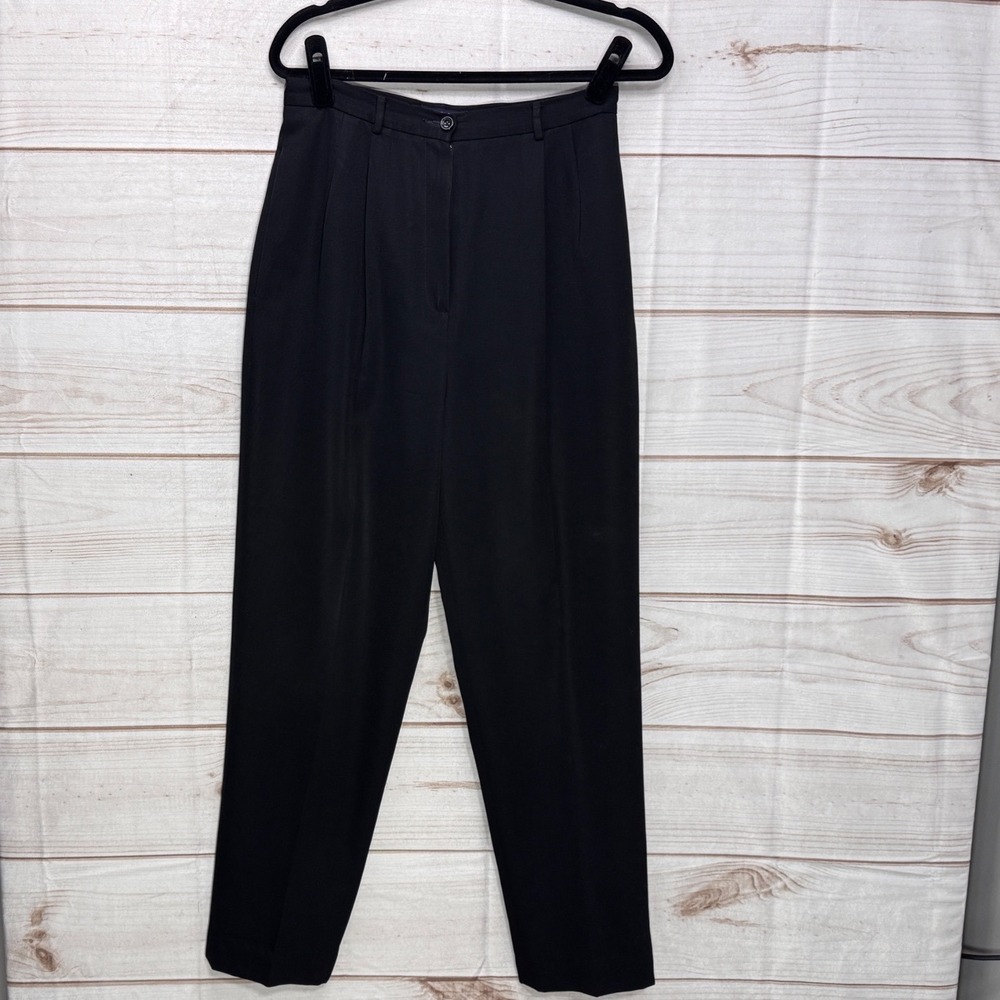 Lands End Wool Trousers Womens 10 Black Excellent Pleated High Rise Dress Pants